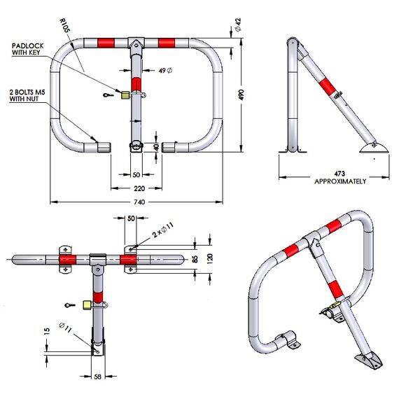 Μπάρα παρεμπόδισης στάθμευσης με 3 πόδια Φ42mm Doorado HSC3L-8050-4218